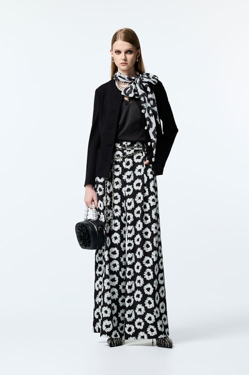 Black Jacket With Hand Sketched Floral Print Scarf Detail,Black outerwear