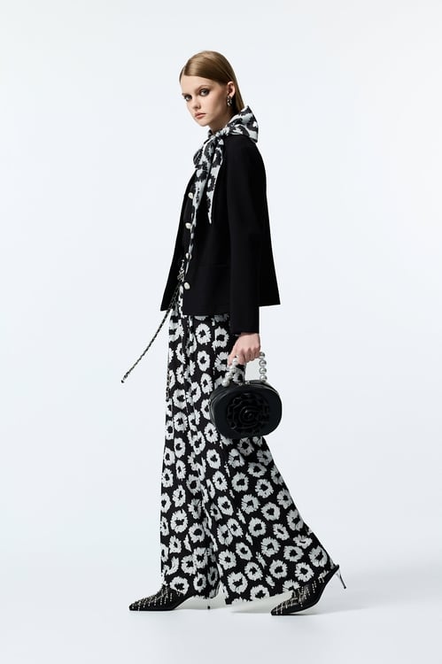 Black Jacket With Hand Sketched Floral Print Scarf Detail,Black outerwear