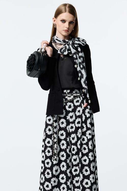 Black Jacket With Hand Sketched Floral Print Scarf Detail,Black outerwear