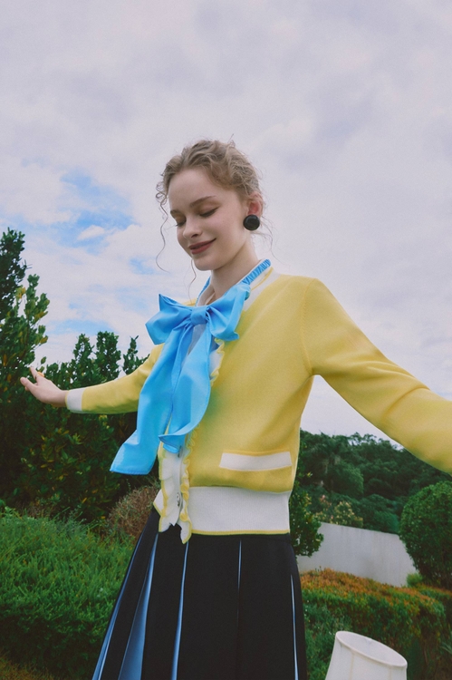 Ruffle Trim Knit Yellow Cardigan,Outerwear