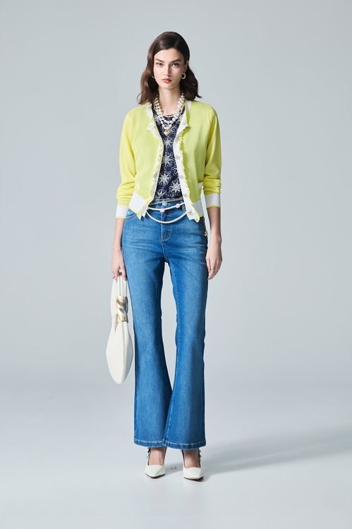 Ruffle Trim Knit Yellow Cardigan,Outerwear