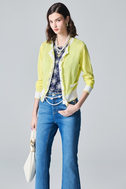 Ruffle Trim Knit Yellow Cardigan,Outerwear