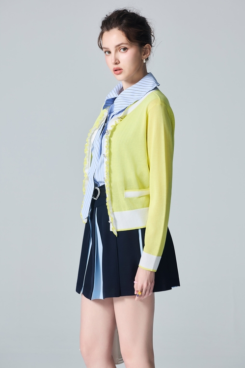 Ruffle Trim Knit Yellow Cardigan,Outerwear