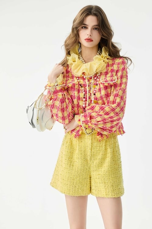 Yellow Red Checkered Tweed Jacket,,Yellow Red Checkered Tweed Jacket,Jackets,Outerwear,Season (SS) Look,pearl,Knitted,Knitted coats,Jackets,Outerwear,Season (SS) Look,Jackets,Season (SS) Look,Plaid