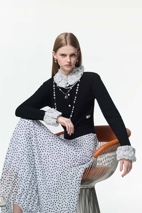 Contrast Ruffle Detail Knit Cardigan,Blouses