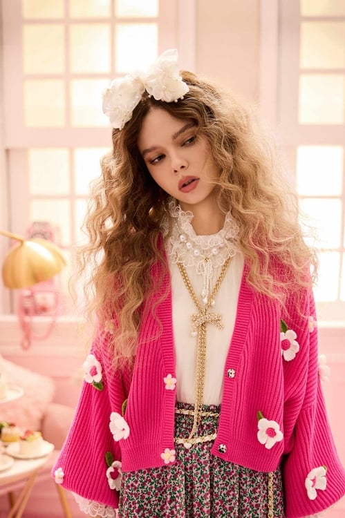 Hand Knit Floral Detail Pink Cardigan,Outerwear