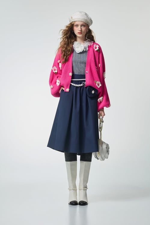 Hand Knit Floral Detail Pink Cardigan,Outerwear