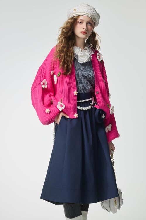 Hand Knit Floral Detail Pink Cardigan,Outerwear