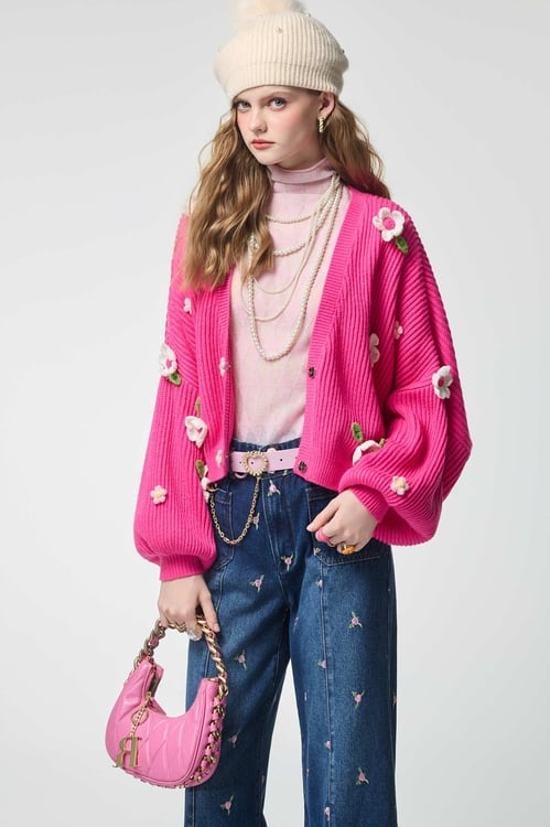 Hand Knit Floral Detail Pink Cardigan,Outerwear