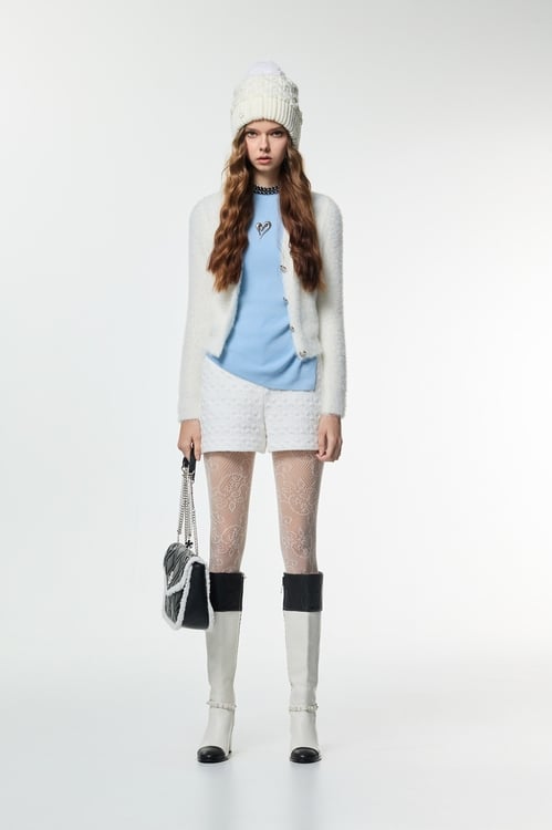 V-neck Faux Fur Knit Cardigan,Outerwear