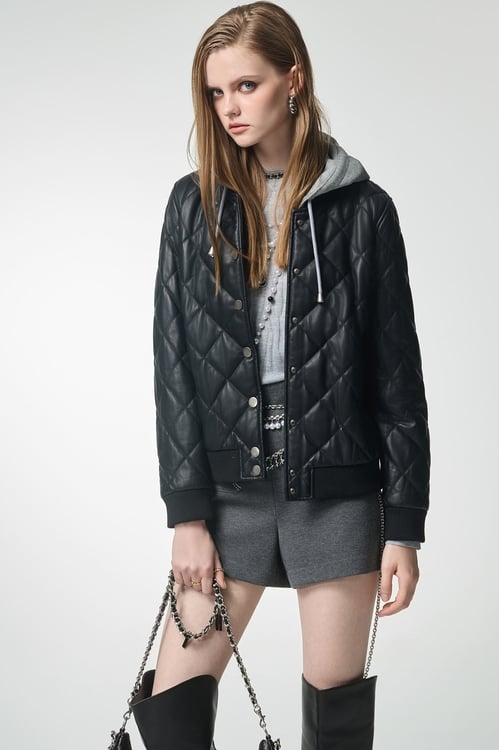 Hoodie Quilted Leather Jacket,Outerwear