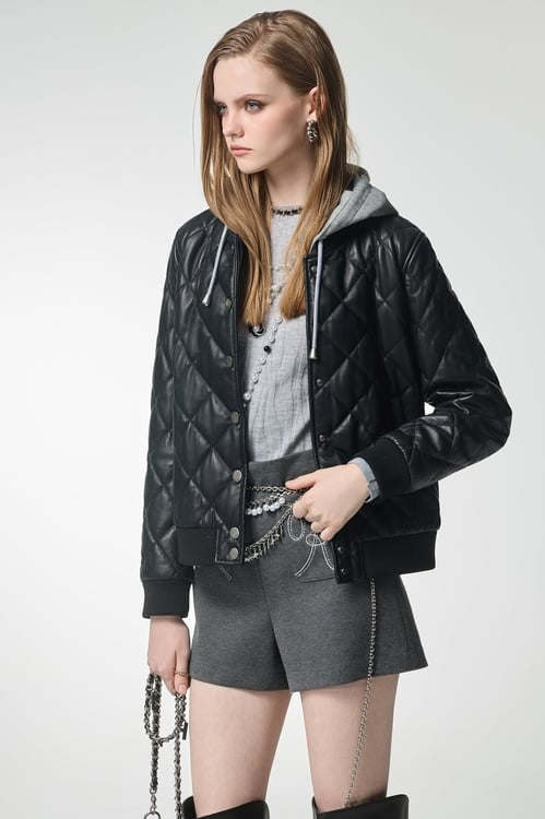Hoodie Quilted Leather Jacket,Outerwear