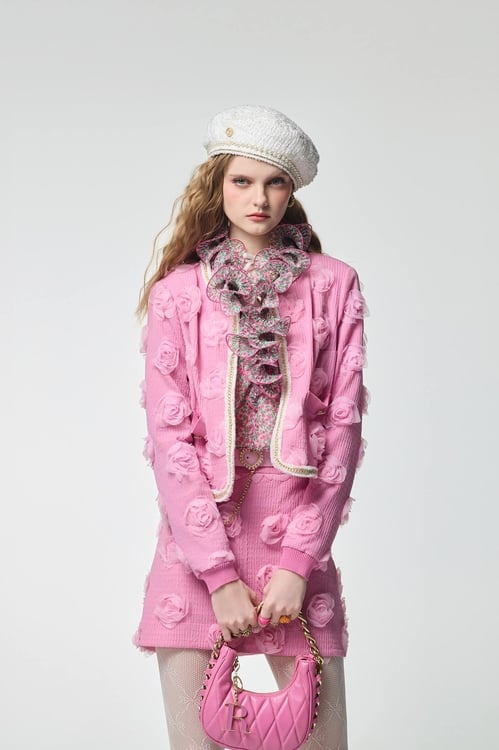 3-D Rose Detail Pink Jacket,Outerwear
