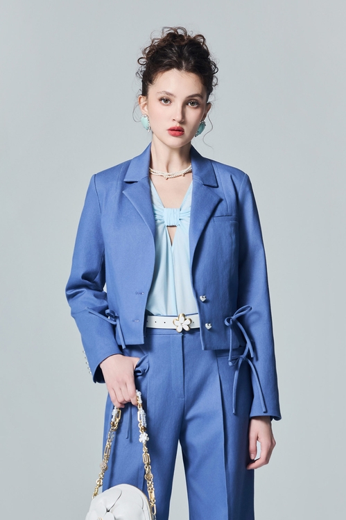 Bow Detail Blue Blazer,Jackets