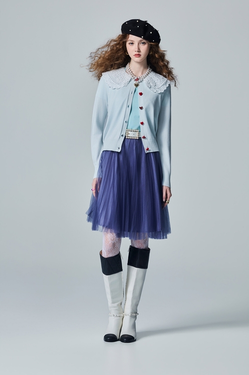 Contrast Lace Collar Blue Knit Cardigan,Jackets