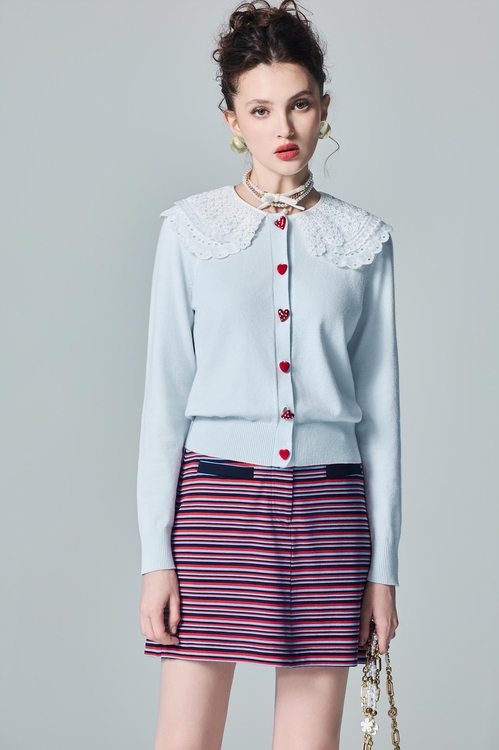 Contrast Lace Collar Blue Knit Cardigan,Jackets