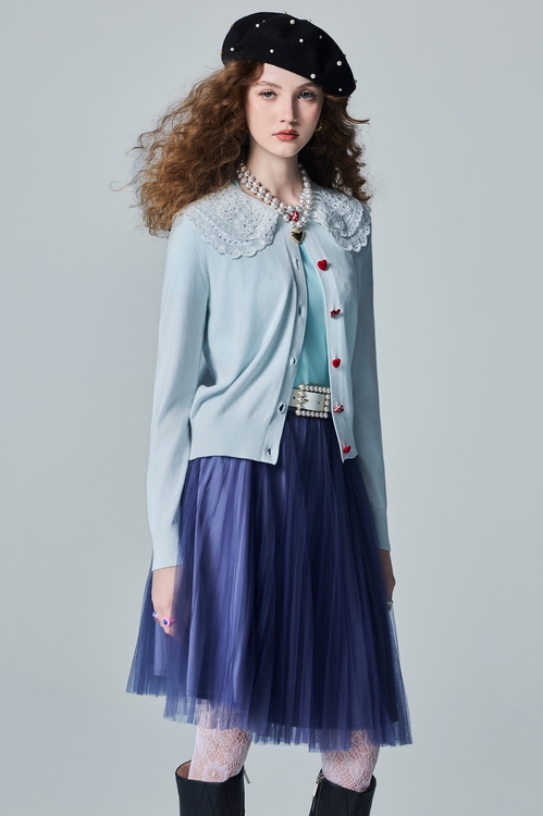 Contrast Lace Collar Blue Knit Cardigan,Jackets