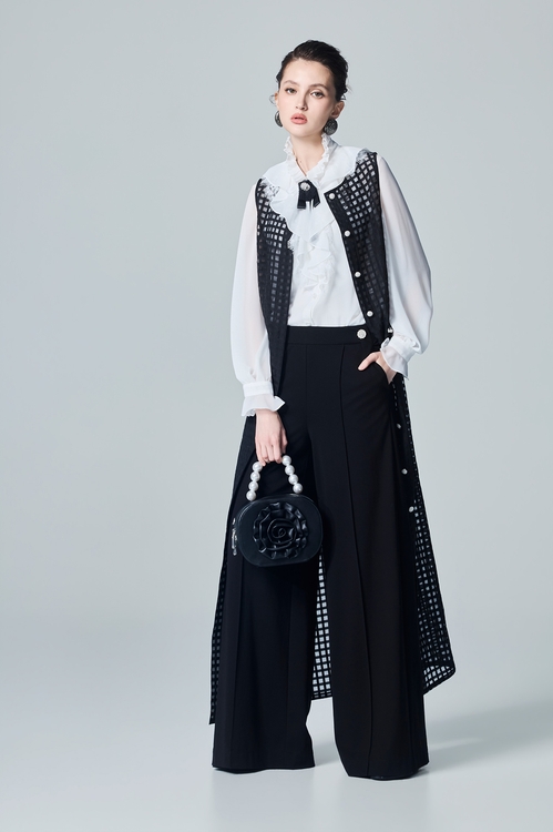 Black Organza Full Length Outerwear,pearl