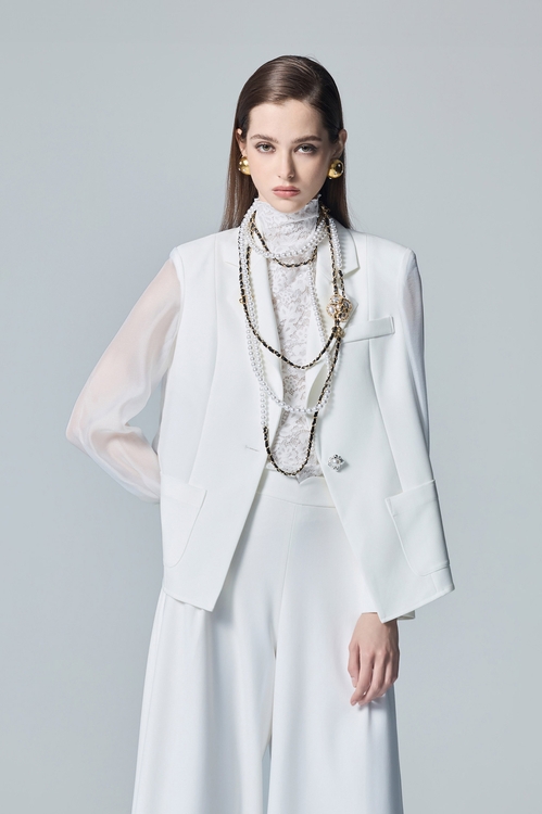 Chiffon Mix Material White Blazer,pearl