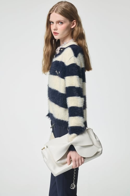 Navy Stripe Knit Cardigan,bows