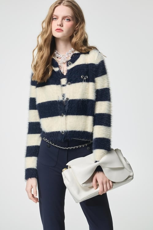 Navy Stripe Knit Cardigan,bows