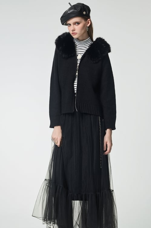 Faux Fur Collar Knit Jacket,Office Looks