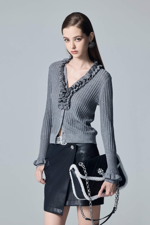 Ruffle Detail Grey Knit Cardigan,Outerwear