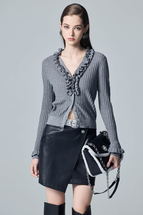 Ruffle Detail Grey Knit Cardigan,Outerwear