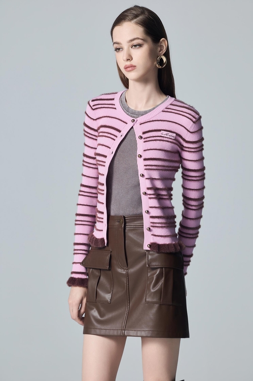 Brown Stripe Pink Knit Cardigan,,Brown Stripe Pink Knit Cardigan,Jackets,Outerwear,Season (AW) Look,Knitted,Knitted coats