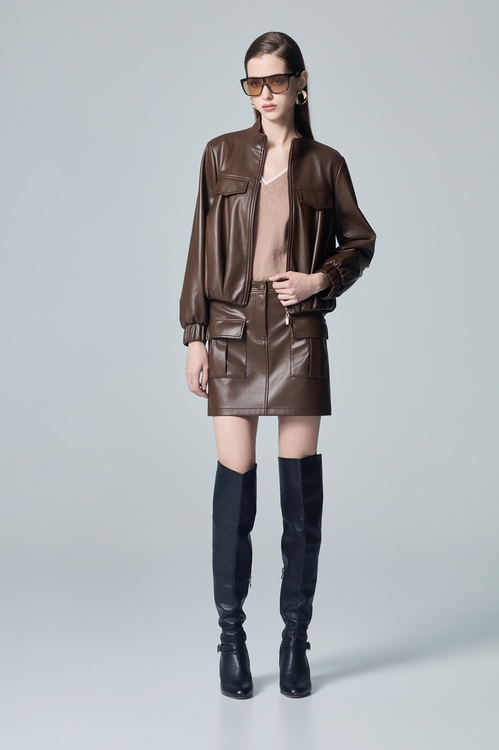 PU Pleated Detail Coco Brown Jacket,,PU Pleated Detail Coco Brown Jacket,Jackets,Outerwear,Season (AW) Look,Knitted,Knitted coats,Jackets,Outerwear,Leather,Season (AW) Look