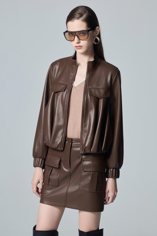PU Pleated Detail Coco Brown Jacket,,PU Pleated Detail Coco Brown Jacket,Jackets,Outerwear,Season (AW) Look,Knitted,Knitted coats,Jackets,Outerwear,Leather,Season (AW) Look