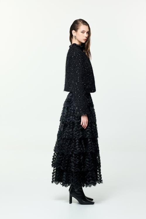 Fringe Detail Sequin Jacket,,Fringe Detail Sequin Jacket,Tops,Season (AW) Look,Knitted,black tops,Jackets,Outerwear,Season (AW) Look,Black outerwear