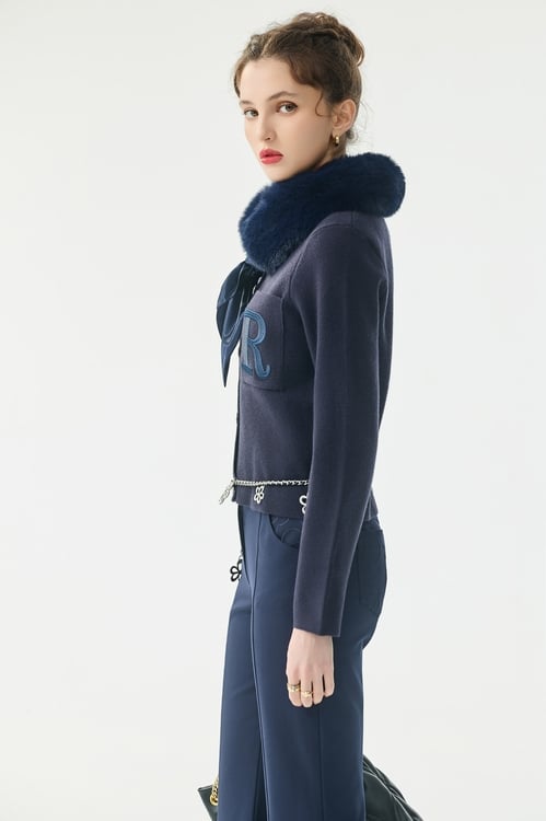 Detachable Faux Fur Collar Navy Cardigan,Jackets