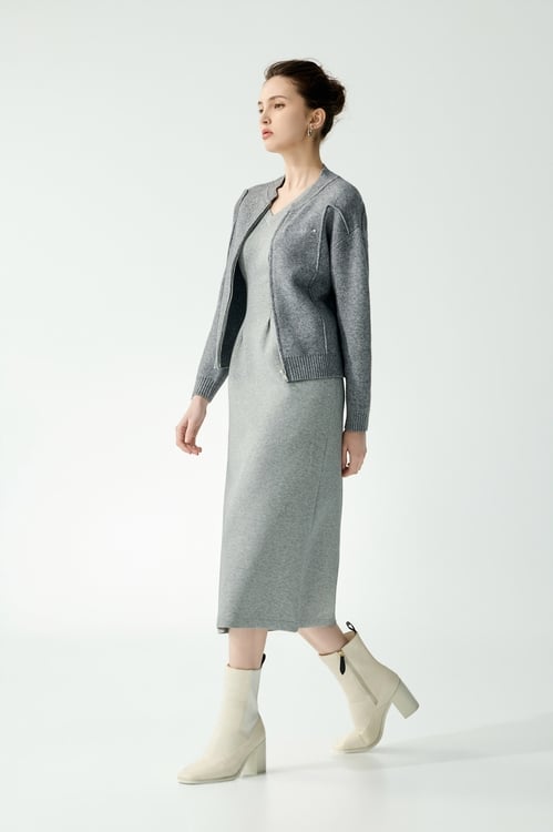 Front Zip Grey Knit Cardigan,Outerwear