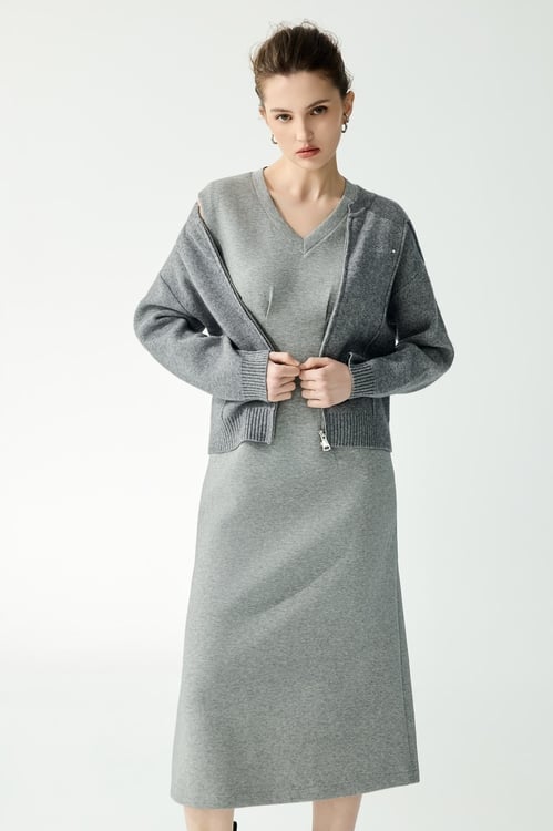 Front Zip Grey Knit Cardigan,Outerwear
