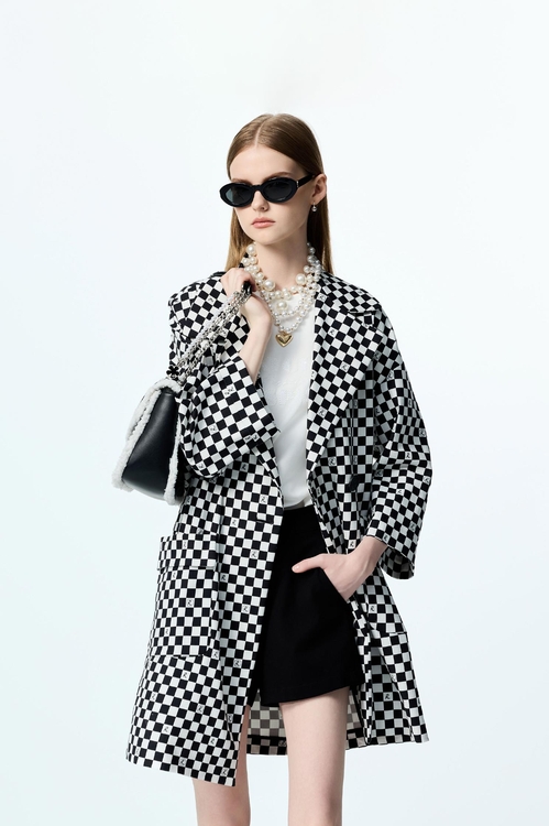 R Logo Checkered Trench Coat,longcoats
