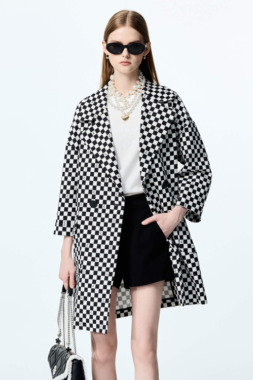 R Logo Checkered Trench Coat,longcoats