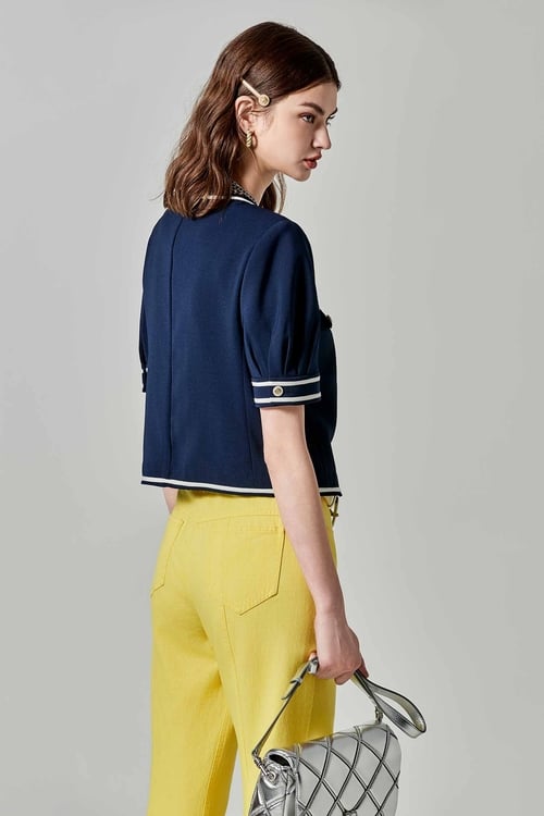 Short Sleeve Navy Outerwear With Contrast Trim Detail,Jackets