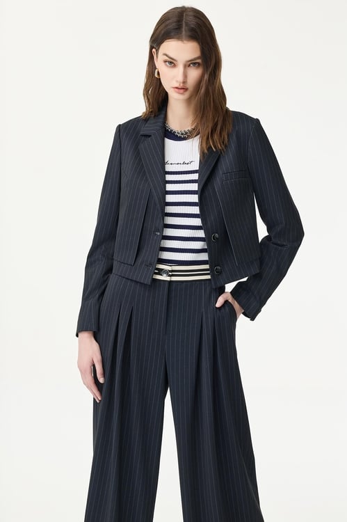 Pinstripe Navy Crop Blazer,Long sleeve outerwear