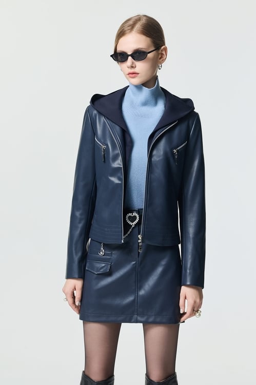Front Zip Hoodie PU Jacket,Outerwear