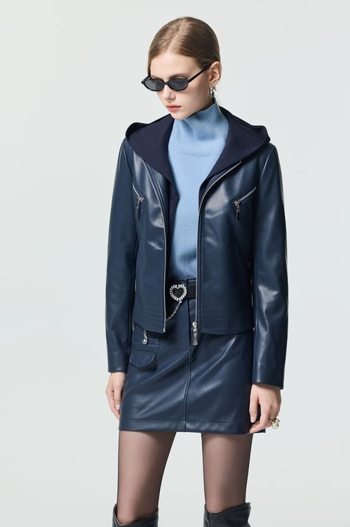 Front Zip Hoodie PU Jacket,Outerwear