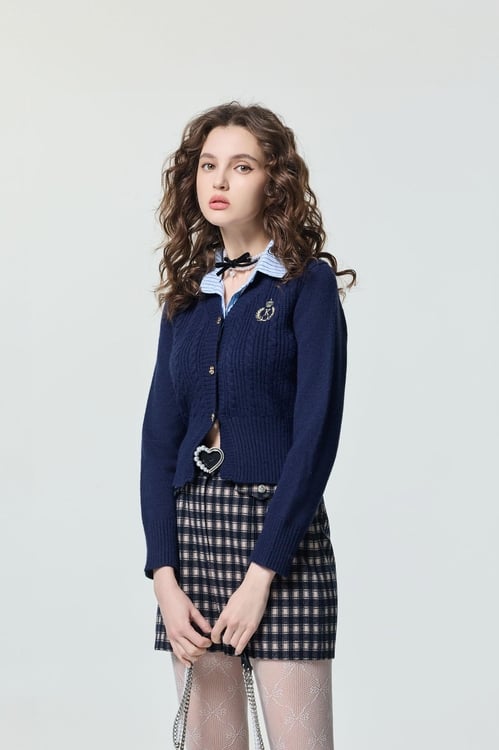 Stripe Collar Navy Knit Cardigan,Knitted coats