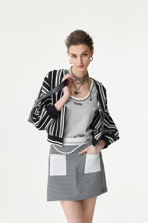 Black White Stripe Contrast Crop Jacket,Stripe