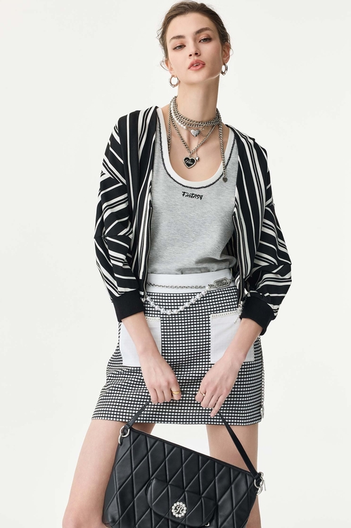 Black White Stripe Contrast Crop Jacket,Stripe
