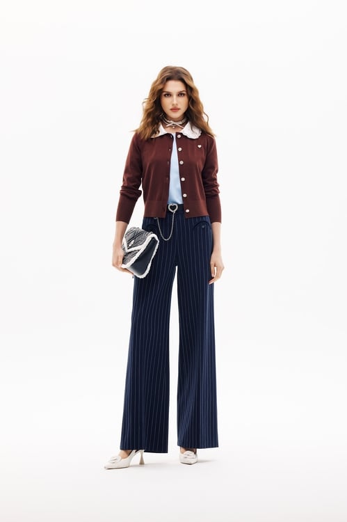 Contrast Peter Pan Collar Mahagony Knit Cardigan,Jackets