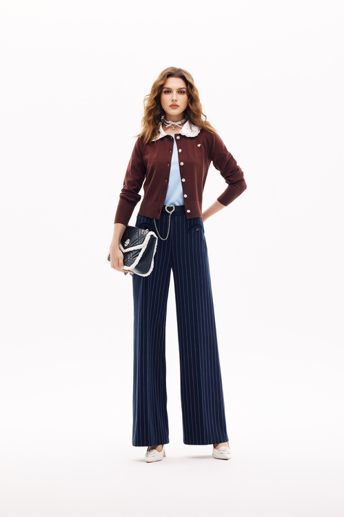 Contrast Peter Pan Collar Mahagony Knit Cardigan,Jackets