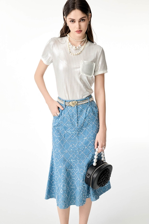 Sequin Fishtail Denim Skirt,Denim skirts