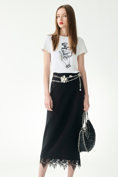 Lace Trim Detail Maxi Skirt,Lace