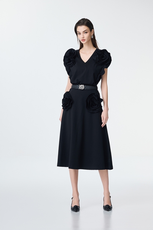 3-D Rose Detail Midi Skirt,Black skirts