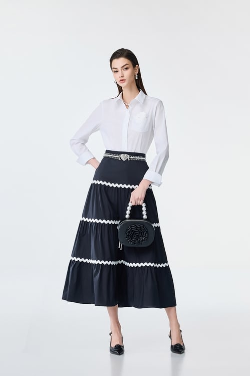Contrast Trim Detail Tiered Skirt,Black skirts